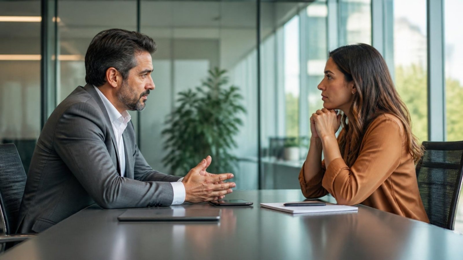 Gestor e colaboradora em uma conversa difícil no trabalho, em sala de reunião